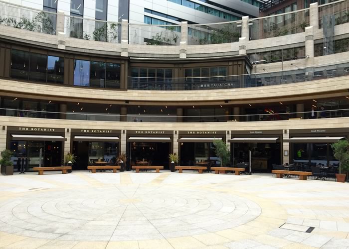 Broadgate Circle with our bespoke Shop-Fitted Folding Arm awnings