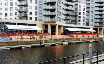 Bellfort Awning® terrace awnings with Rib Panel® bar and restaurant canopies for Leeds Dock urban regeneration project